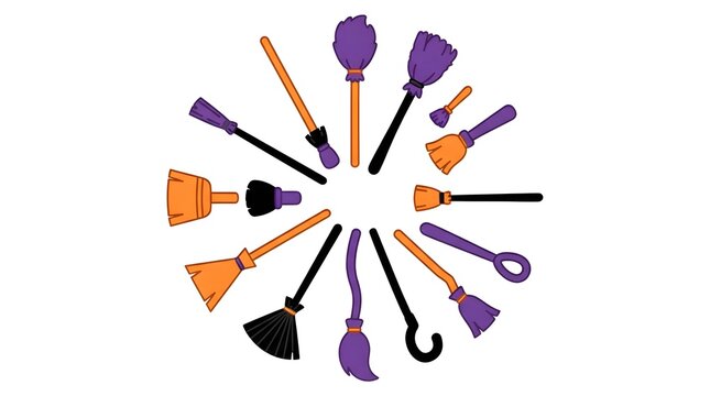 Set of Halloween witch broomstick illustrations arranged in a circular pattern