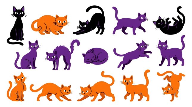 Set of cute cartoon cats in various poses and colors for Halloween design elements.