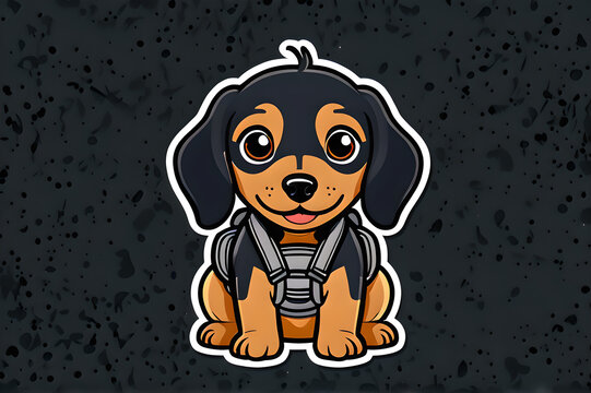 Cute kawaii dachshund puppy wearing an explorer backpack vector sticker illustration