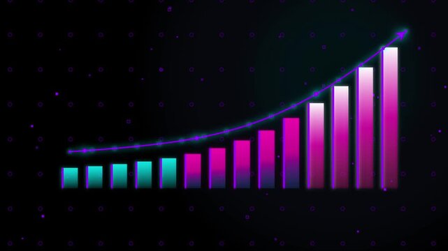 Neon holographic business growth bar graph moving upward on futuristic grid background animation.