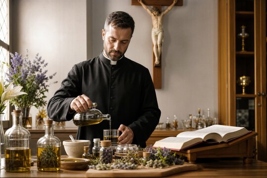 Priest blending holy chrism oil in church sacristy. Man pouring olive oil into vessel with herbs, crucifix and bible on wooden table.