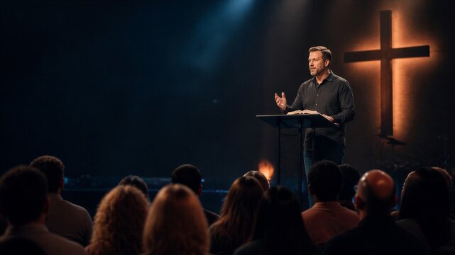Man pastor preaching with open bible at podium on church stage with illuminated cross. Sermon before congregation in modern church.