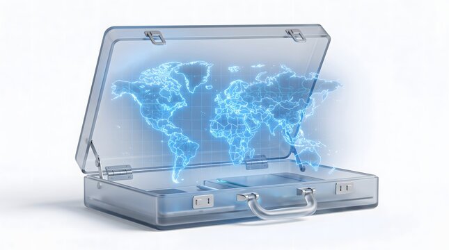 Futuristic 3D glass briefcase projecting glowing world map on white background for global business concepts