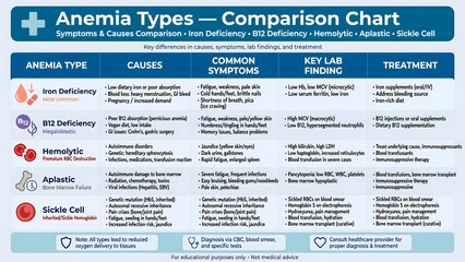 Fototapeta premium Anemia Types Comparison Chart Infographic Detailing Causes Symptoms Lab Findings and Treatments.