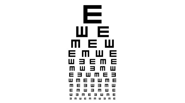 Tumbling E eye chart for vision test and ophthalmology examination isolated on white background.