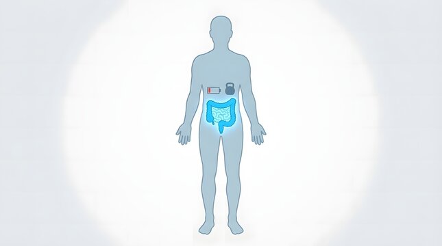 Medical illustration of human body silhouette highlighting intestine with sluggish digestion and low battery icons.