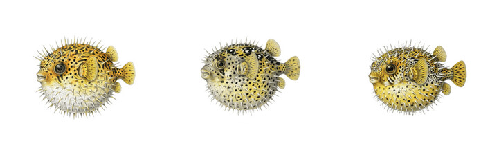 Cute spiky pufferfish set, inflated blowfish characters with spines, tropical ocean marine animals, exotic sea creatures, wildlife illustration, cute underwater fauna PNG graphic isolated on white bac © Soor