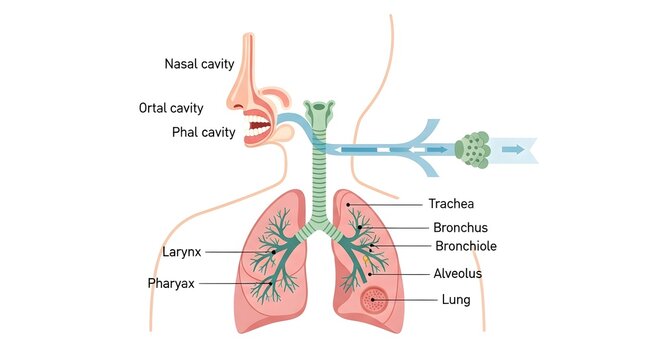 Human respiratory system anatomy infographic diagram showing lungs trachea bronchi and alveoli.