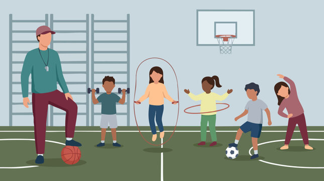 Diverse children doing sports activities with coach in school gymnasium