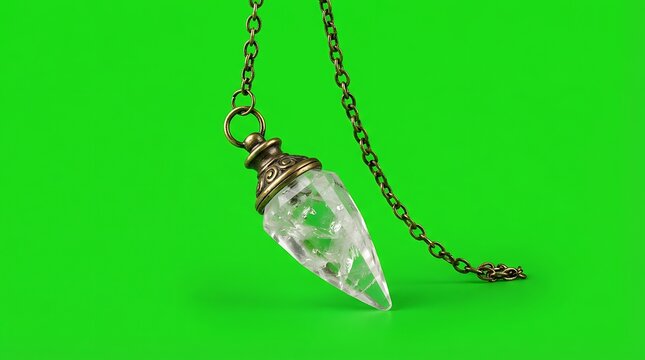 A sparkling clear quartz crystal pendulum hanging from a metallic chain