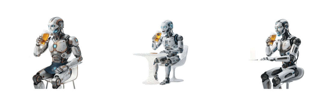 Humanoid robot drinking coffee PNG set, isolated futuristic cyborg sitting at a table for artificial intelligence, automated lifestyle, and modern tech design clip art graphic illustration