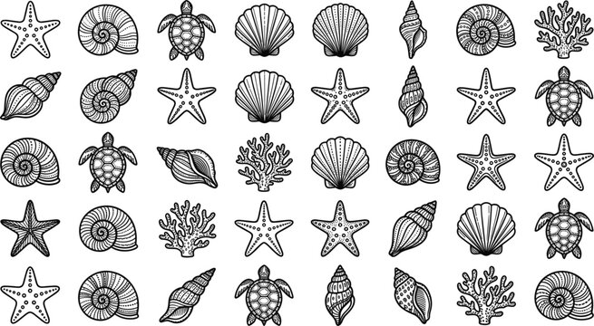 Marine life icon collection containing diverse seashells starfish sea turtles and ocean coral linocut vector pattern illustration