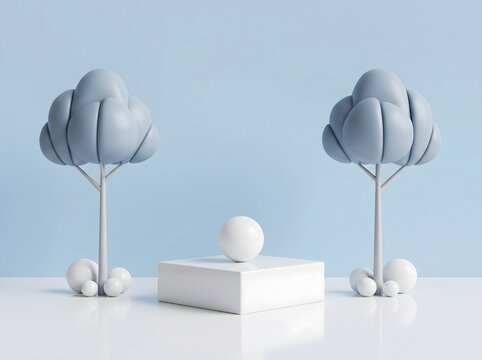 Minimalist 3D render podium with white sphere and stylized trees on light blue background