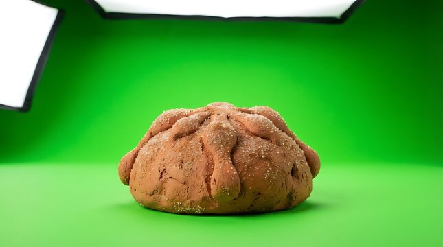A traditional pan de muerto bread centered on a vibrant green backdrop