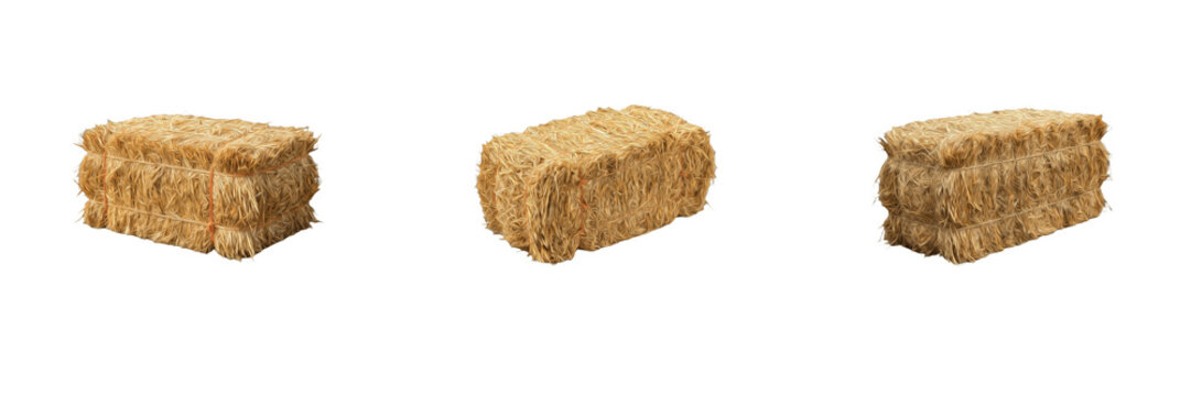 Farm straw bales PNG set, isolated rectangular dry haystacks for agriculture, autumn harvest, rustic country decoration, and animal feed clip art graphic illustration design element