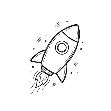 A hand-drawn black and white line art doodle of a rocket ship with a round window, fins, and flame exhaust, blasting off amid sparkles and dots.