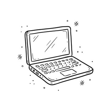 A hand-drawn black and white line art doodle of an open laptop computer with a visible keyboard, trackpad, and screen reflection, decorated with sparkles and dots.