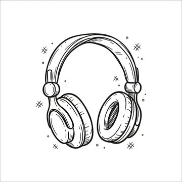 A hand-drawn black and white line art doodle of a pair of over-ear headphones with padded ear cups and an adjustable headband, decorated with sparkles and dots.