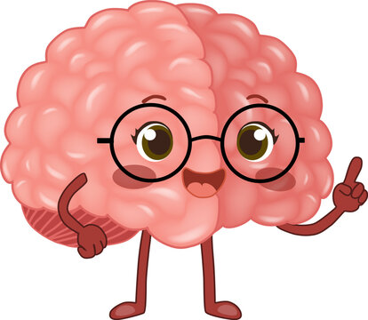 Cute anthropomorphic human brain character wearing round glasses. Friendly medical anatomy mascot with expressive eyes and smiling face, designed in a colorful cartoon vector style. 