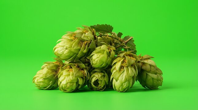 A small pile of fresh green hop cones isolated against a solid green screen