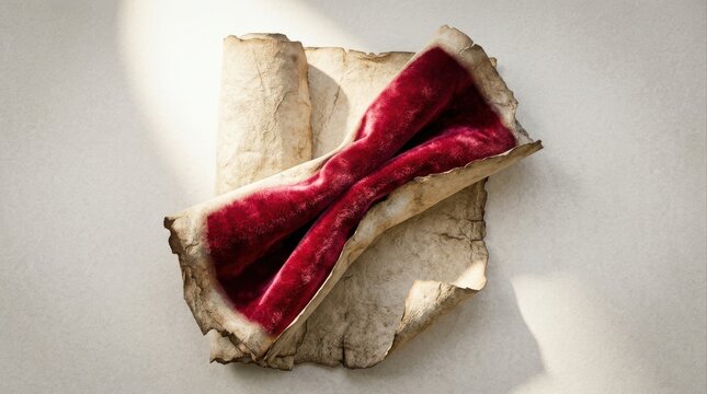 Rolled flatbread with red berry jam filling on a textured stone surface
