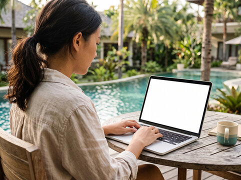 girl working on a laptop with a blank screen near a pool in a tropical hotel on an outdoor veranda with a cup