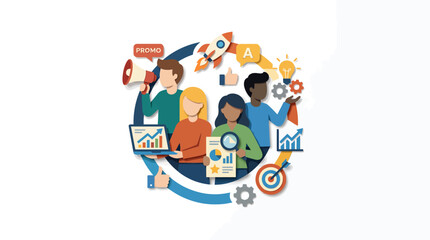 Fototapeta premium Diverse professional team working together on business growth and digital marketing strategy illustration.