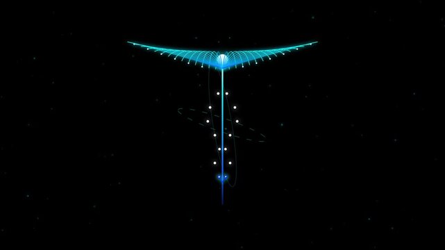 Abstract digital illustration of a glowing cosmic entity or futuristic spacecraft with light trails and orbital rings against a dark starry space background
