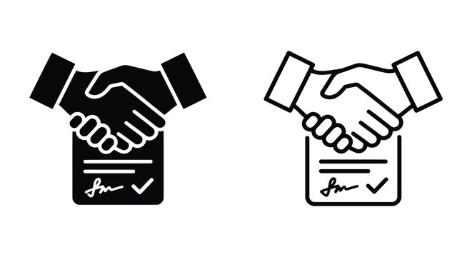 Handshake over document with signature a black and white vector illustration
