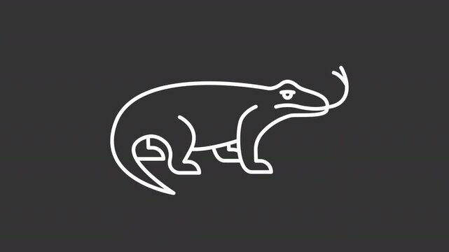 Animated reptile white line icon. Stylized komodo dragon animation. Forked tongue detail. Profile view perspective. Curved reptile tail. Isolated element on dark background. Alpha transparent video
