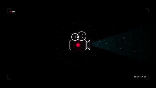 Old film projector animation icon showing a vintage movie camera glowing red in the dark with a light beam and floating dust particles in a retro cinematic recording style