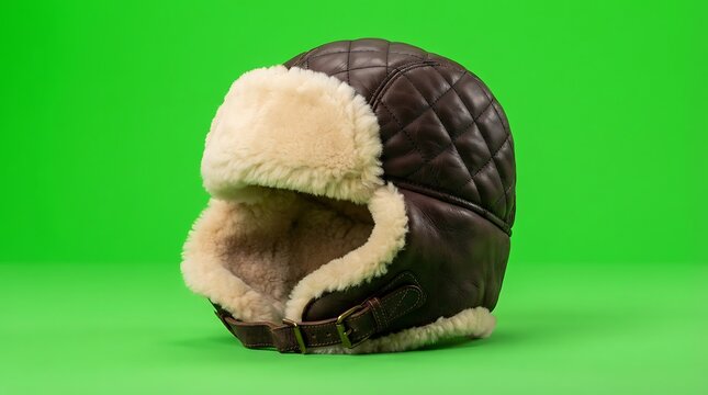 Vintage style brown leather quilted aviator hat with soft shearling lining