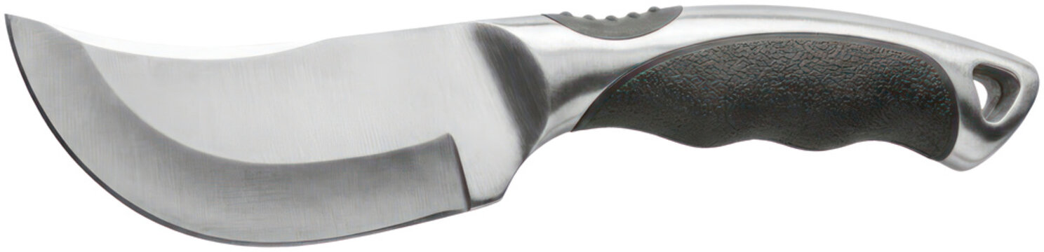 Curved skinning hunting knife on black background.