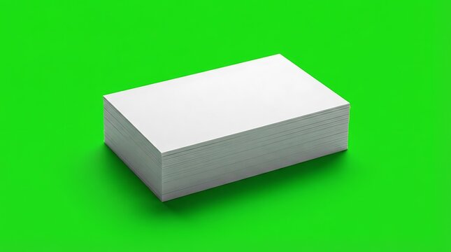 A stack of blank white business cards isolated on a vibrant green background