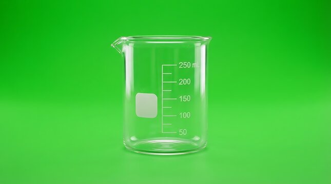 Empty glass laboratory beaker isolated against a solid green background