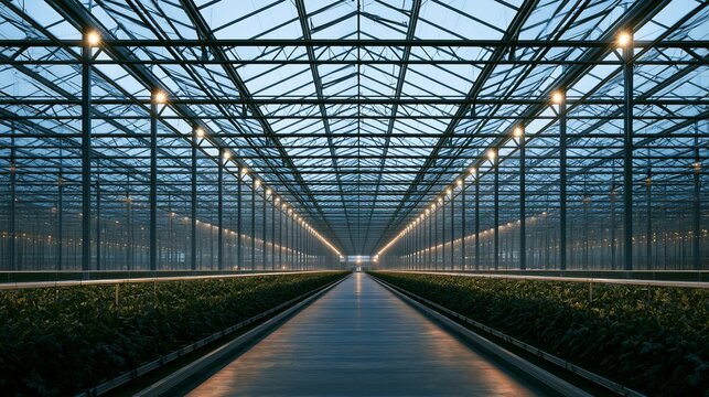 Modern greenhouse interior showcases a complex steel structure with receding perspective, representing agricultural innovation and sustainable growth