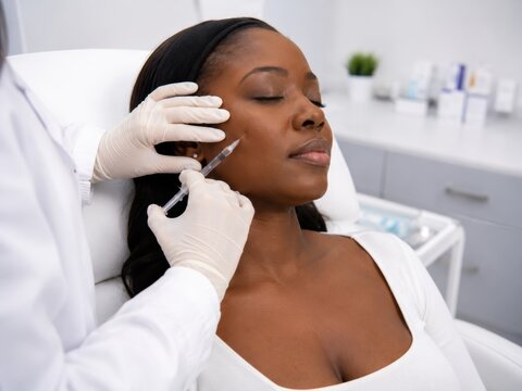 African American woman receiving cosmetic injection treatment from a medical professional in a modern clinic with skincare products visible in the background
