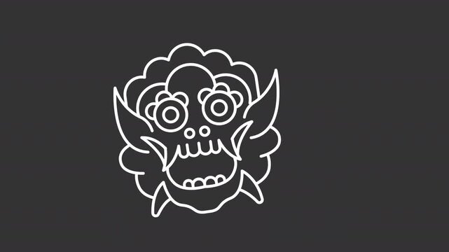 Animated stylized folklore creature line icon. Traditional dragon mask animation. Curved pointed fangs. Floral eyebrow details. Isolated element on dark background. Alpha transparent video