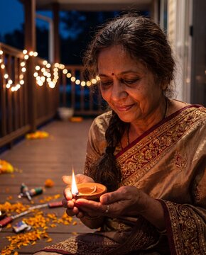Mature Indian woman in elegant traditional saree holding a lit diya oil lamp in quiet reflection after Diwali celebration on a festive illuminated porch at night