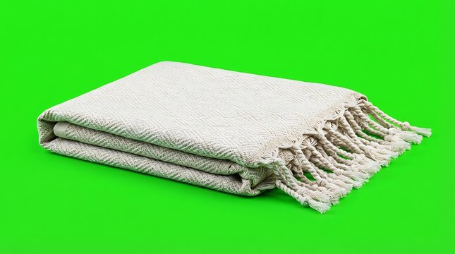 A neatly folded white cotton throw blanket with decorative fringe edges
