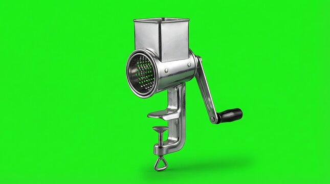 A shiny stainless steel manual kitchen grater with a green screen backdrop
