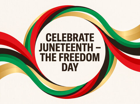 Juneteenth Freedom Day celebration banner with colorful twisted ribbons framing typography on light background