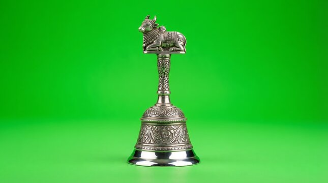 A traditional brass hand bell featuring an intricate nandi bull handle top