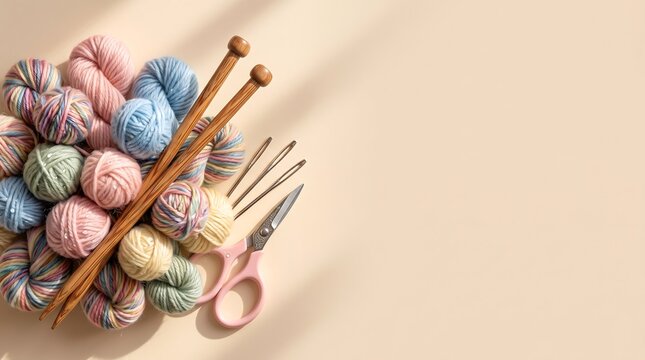 Knitting wool balls and wooden needles with scissors on beige background. Pastel yarn skeins for craft projects and handmade hobby work