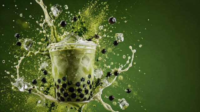 iced matcha bubble tea with tapioca pearls and dramatic milk splash