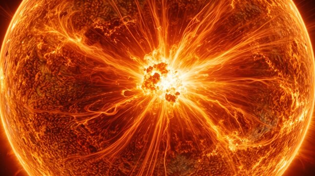 A spectacular fictional depiction of the Sun as a massive glowing celestial sphere in deep space, surrounded by dramatic solar flames and swirling plasma, intense golden and orange light radiating fro