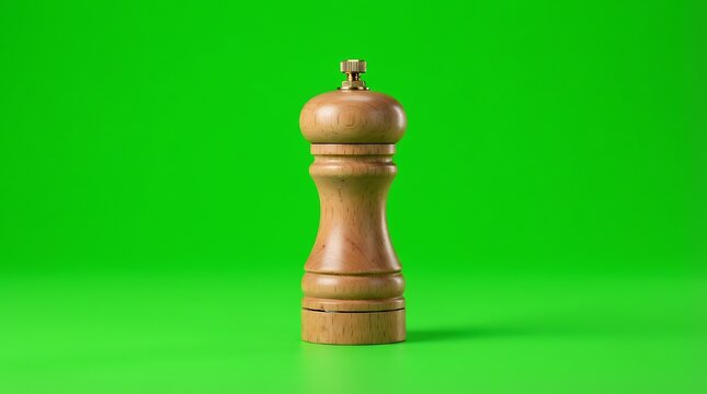 Classic wooden pepper mill standing isolated against a vibrant green backdrop