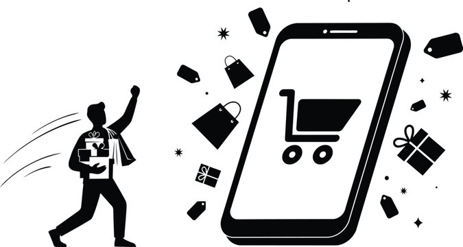 Excited shopper running with purchases towards a mobile phone for seamless online retail transactions and fast delivery