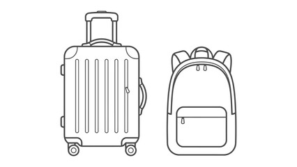 Luggage and Backpack Illustration: A set of travel gear, including a wheeled suitcase and a backpack, rendered in a clean line art style, perfect for travel and adventure themes. © Afia