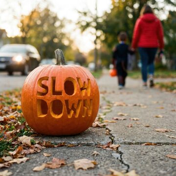 Carved pumpkin with slow down text on a sidewalk during halloween